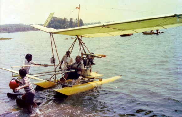 Ray Wijewardene with one of his fully collapsible experimental light aircrafts which can land and take off on water